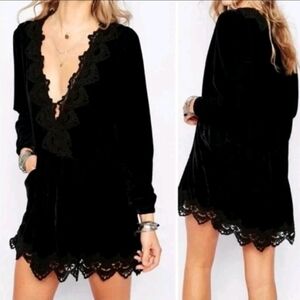 FREE PEOPLE Black Luxe Velvet Dreams Lace Crochet Pocket Tunic Mini Dress